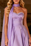 Sparkly Light Purple Beaded Neck Scarf A Line Satin High Low Prom Dress