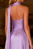 Sparkly Light Purple Beaded Neck Scarf A Line Satin High Low Prom Dress