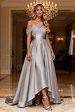 Sparkly Grey A Line Satin One Shoulder High Low Prom Dress with Bow