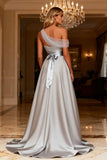 Sparkly Grey A Line Satin One Shoulder High Low Prom Dress with Bow