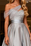 Sparkly Grey A Line Satin One Shoulder High Low Prom Dress with Bow
