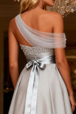 Sparkly Grey A Line Satin One Shoulder High Low Prom Dress with Bow