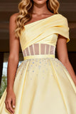 Light Yellow Ball Gown Long Corset Prom Dress with Beading