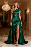 Dark Green One Shoulder Satin Long Corset Prom Dress with Slit