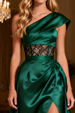 Dark Green One Shoulder Satin Long Corset Prom Dress with Slit