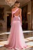 Sparkly Pink Beaded Satin Long Corset Backless Prom Dress with Slit