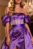 Purple Satin Corset Off the Shoulder Long Prom Dress with Slit
