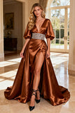 Bronze Beaded Satin Short Sleeves V-Neck Long Prom Dress with Slit