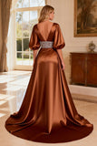 Bronze Beaded Satin Short Sleeves V-Neck Long Prom Dress with Slit
