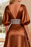 Bronze Beaded Satin Short Sleeves V-Neck Long Prom Dress with Slit