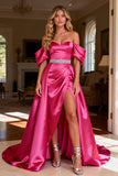 Hot Pink Beaded Satin Cape Long Prom Dress with Slit