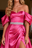Hot Pink Beaded Satin Cape Long Prom Dress with Slit