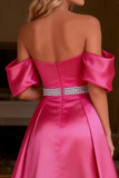 Hot Pink Beaded Satin Cape Long Prom Dress with Slit