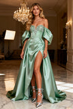 Sparkly Beaded Sage Green Satin Long Prom Dress with Slit