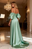 Sparkly Beaded Sage Green Satin Long Prom Dress with Slit