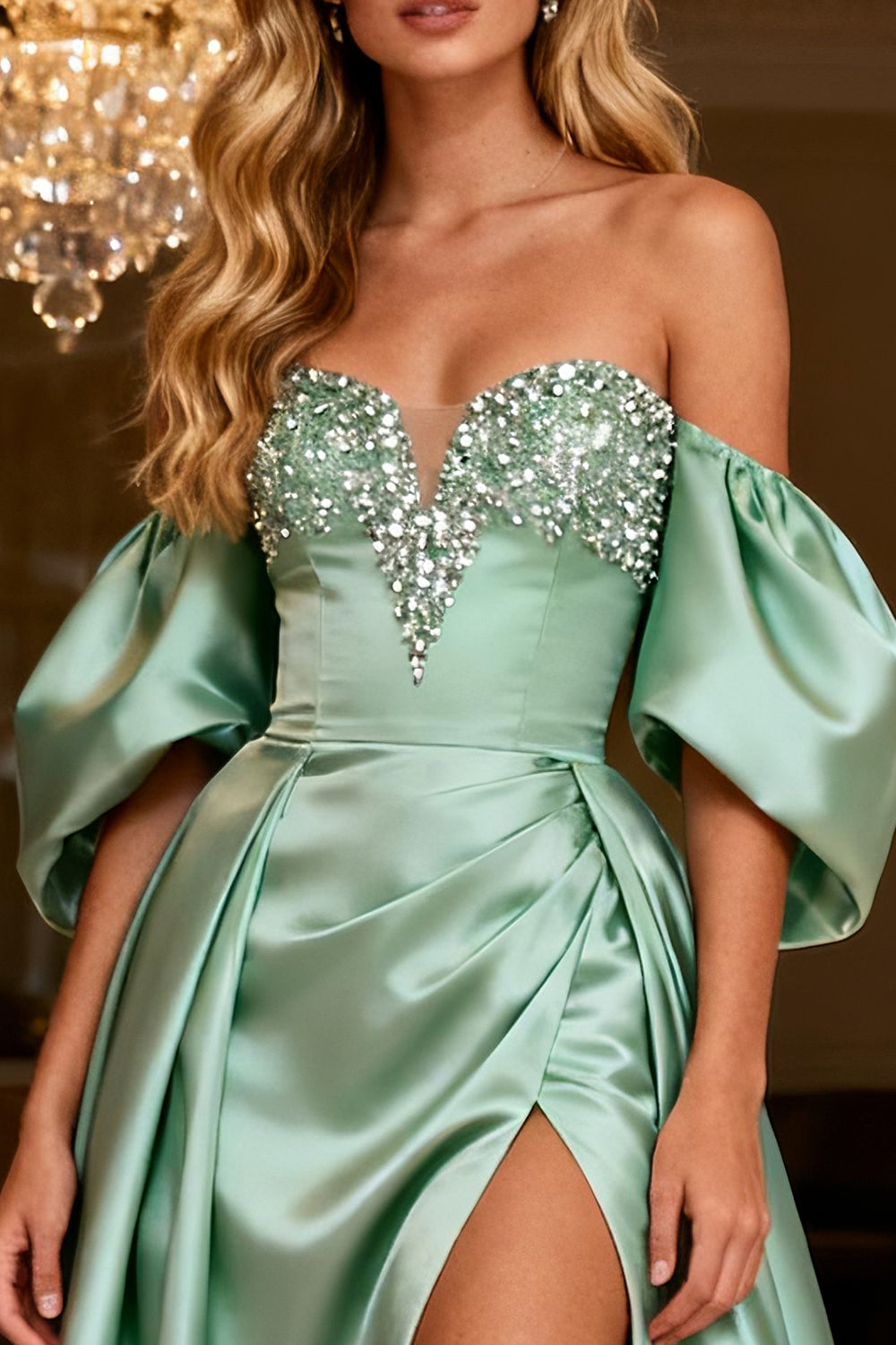 Leely Women Sparkly Sage Green Beaded Long Prom Dress with Slit Satin