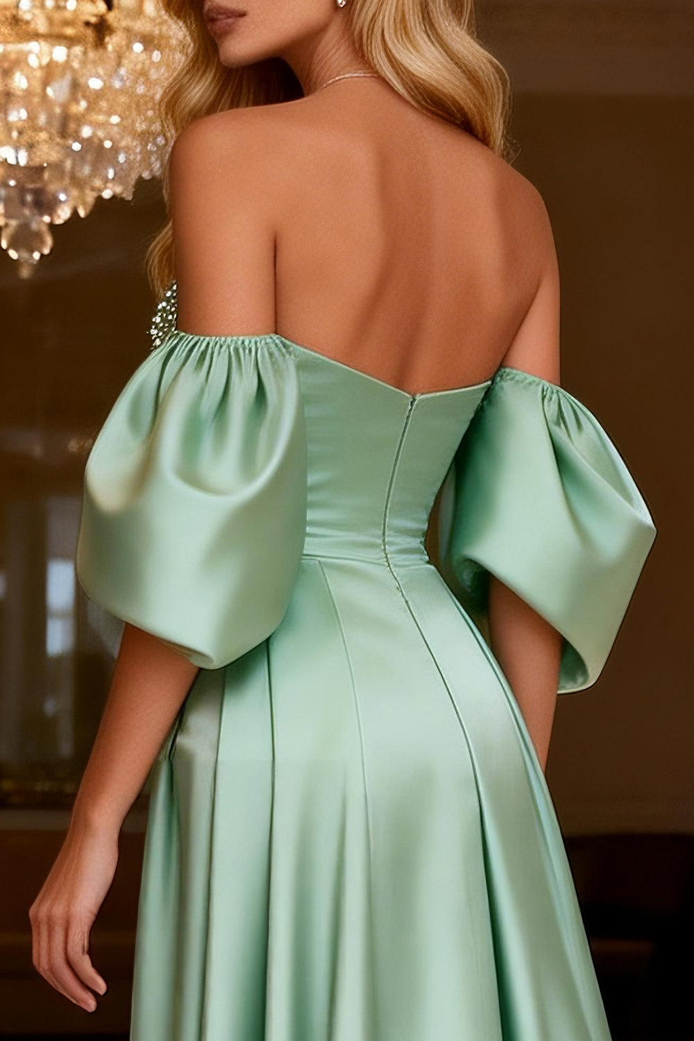Leely Women Sparkly Sage Green Beaded Long Prom Dress with Slit Satin