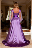 Purple Beaded Satin Ruched Long Prom Dress with Cape