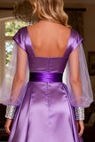 Purple Beaded Satin Ruched Long Prom Dress with Cape