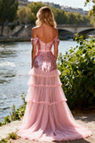 Sparkly Sequin Pink Ruffled Off the Shoulder Long Prom Dress