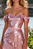 Sparkly Sequin Pink Ruffled Off the Shoulder Long Prom Dress
