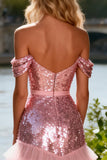 Sparkly Sequin Pink Ruffled Off the Shoulder Long Prom Dress