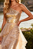 Sparkly Gold Sequin Ruffled Long Tiered Prom Dress with Cape