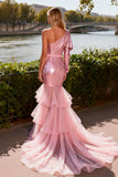 Sparkly Pink Sequin One Shoulder Tiered Ruffled Mermaid Long Prom Dress
