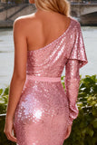 Sparkly Pink Sequin One Shoulder Tiered Ruffled Mermaid Long Prom Dress