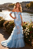 Sparkly Sky Blue Sequin Mermaid Tiered Long Corset Prom Dress with Ruffle
