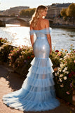 Sparkly Sky Blue Sequin Mermaid Tiered Long Corset Prom Dress with Ruffle