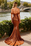 Sparkly Sequin Bronze Off the Shoulder Mermaid Long Prom Dress