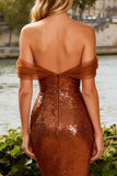 Sparkly Sequin Bronze Off the Shoulder Mermaid Long Prom Dress