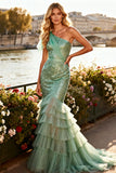 Sparkly Sage Green Sequin Ruffled One Shoulder Mermaid Long Prom Dress