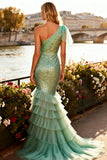 Sparkly Sage Green Sequin Ruffled One Shoulder Mermaid Long Prom Dress