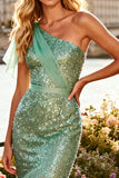Sparkly Sage Green Sequin Ruffled One Shoulder Mermaid Long Prom Dress