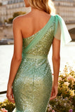 Sparkly Sage Green Sequin Ruffled One Shoulder Mermaid Long Prom Dress