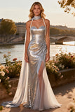 Sparkly Silver Beaded Sequin Mermaid Long Prom Dress with Sash