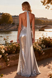 Sparkly Silver Beaded Sequin Mermaid Long Prom Dress with Sash