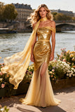Sparkly Gold Sequin One Shoulder Mermaid Long Prom Dress with Sash