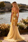 Sparkly Gold Sequin One Shoulder Mermaid Long Prom Dress with Sash
