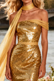 Sparkly Gold Sequin One Shoulder Mermaid Long Prom Dress with Sash