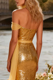 Sparkly Gold Sequin One Shoulder Mermaid Long Prom Dress with Sash
