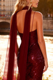 Sparkly Burgundy Mermaid Sequin Spaghetti Straps Long Prom Dress