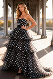 Black and White Polka Dots Tiered Tulle Long Prom Dress with Ruffles