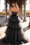 Black and White Polka Dots Tiered Tulle Long Prom Dress with Ruffles