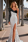 Black and White Polka Dots Mermaid Satin Long Prom Dress with Slit