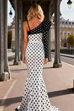 Black and White Polka Dots Mermaid Satin Long Prom Dress with Slit