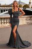 Black and White Polka Dots Long Mermaid Prom Dress with Slit