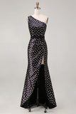 Black and White Polka Dots Long Satin Prom Dress with Slit